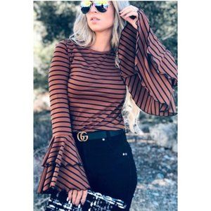 Brown & Black Flutter Sleeve Top